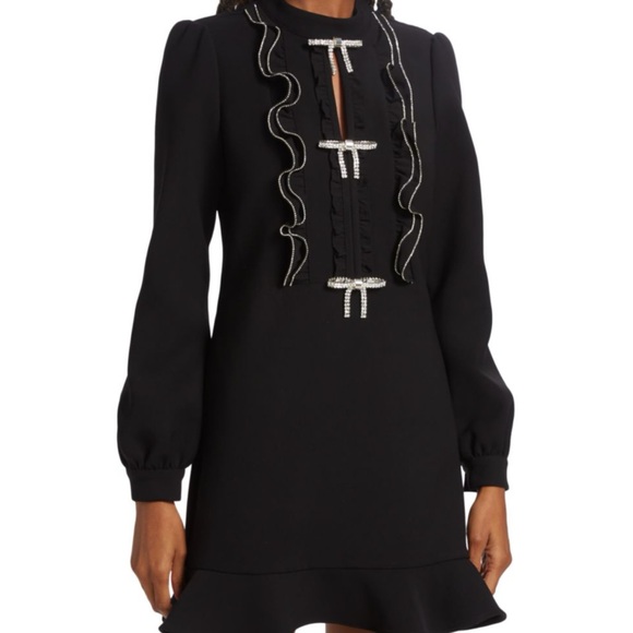 Self-Portrait Black Long-Sleeve Ruffle Dress with Pearl Bow Accents